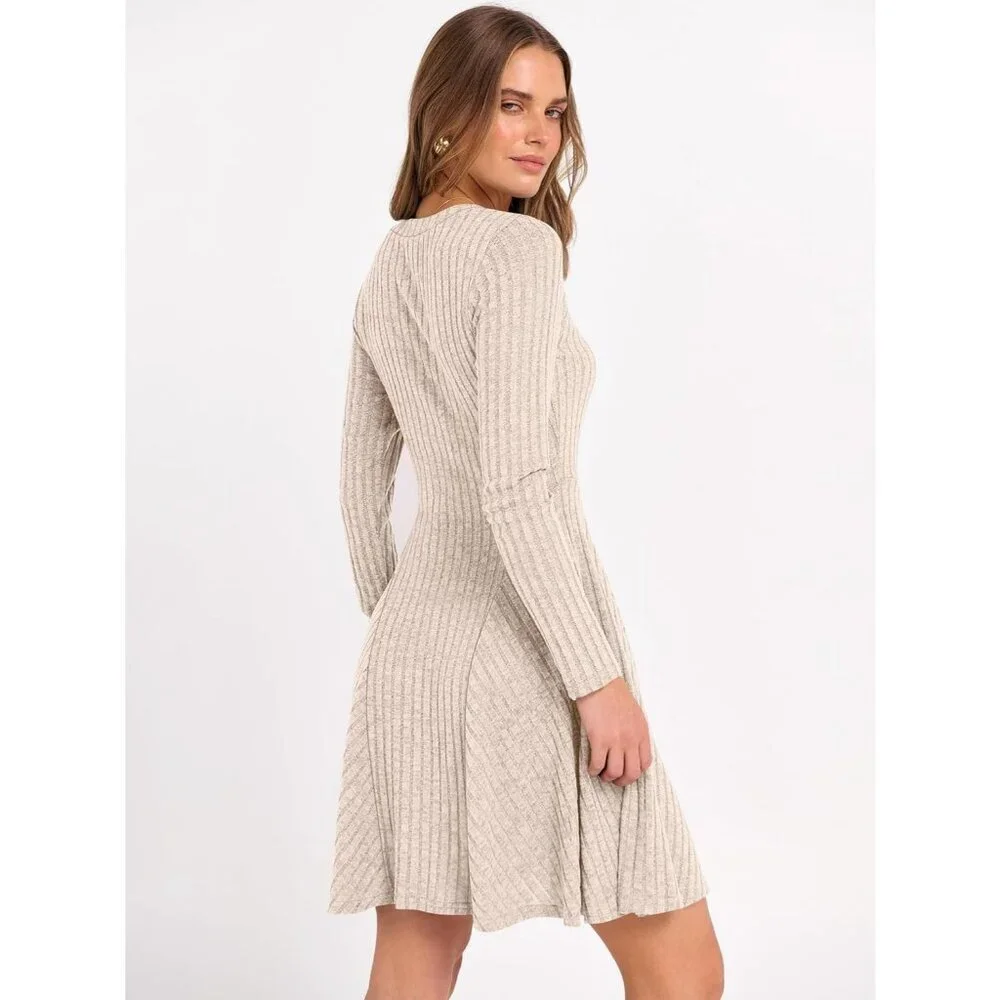 Women's Long Sleeve Ribbed Knit Short Dresses V Neck Swing Sweater Dress Beige - Picture 4 of 7